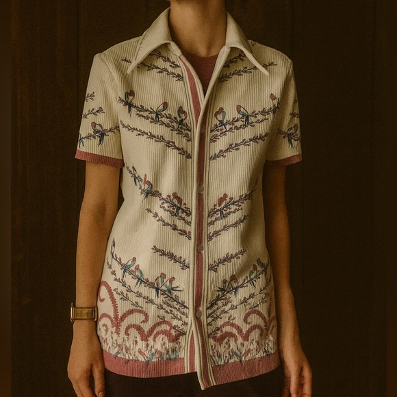 vintage JC Penney Tops - Vintage JCPenney Cream Floral Birds Big Collar Button Down Short Sleeve Blouse